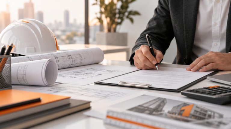 Engenheiro assinando documentos para abertura de uma empresa, sobre uma mesa com projetos técnicos, capacete e calculadora.