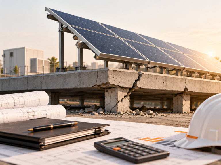 Usina solar sobre base estrutural frágil, com documentos de projeto e calculadora em primeiro plano.